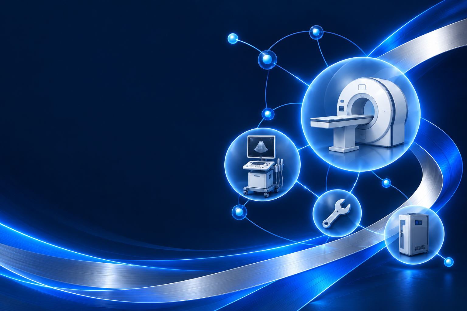 Generic medical equipment connected by blue nodes and flowing blue and silver ribbons